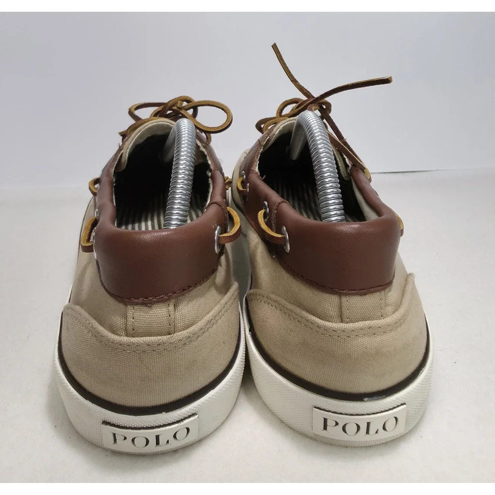 Polo Ralph Lauren Rylander Beige Canvas Brown Leather Boat‎ Shoe 11 D